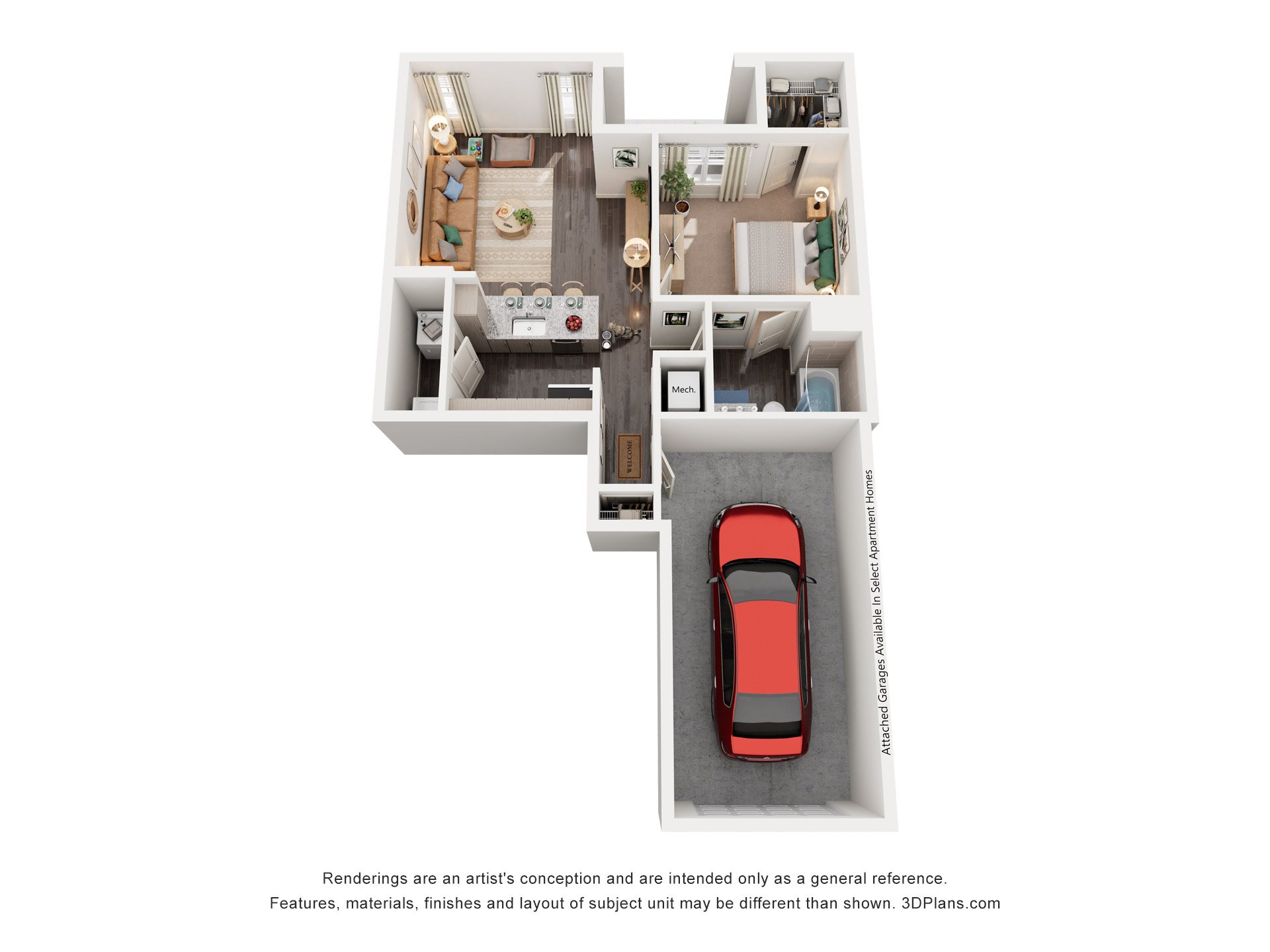 Floor plan for 1 bed, 1 bath, 760 sqft